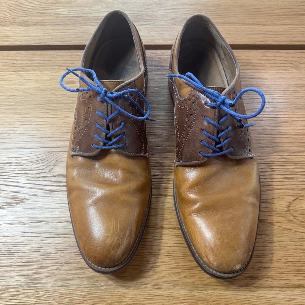 Johnston & Murphy Mens Two Tone Leather Wingtip Oxford Shoes Tan Brown Blue 10